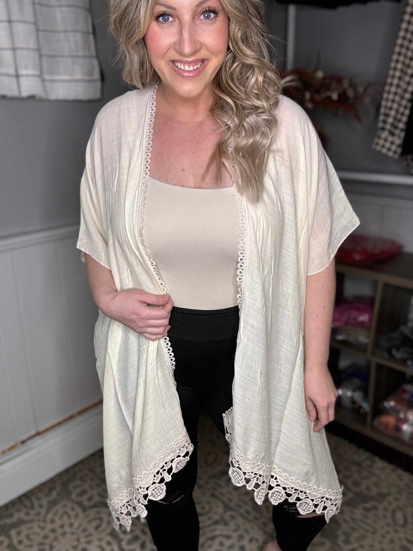 Kimono With Lace Eyelet Back & Edges