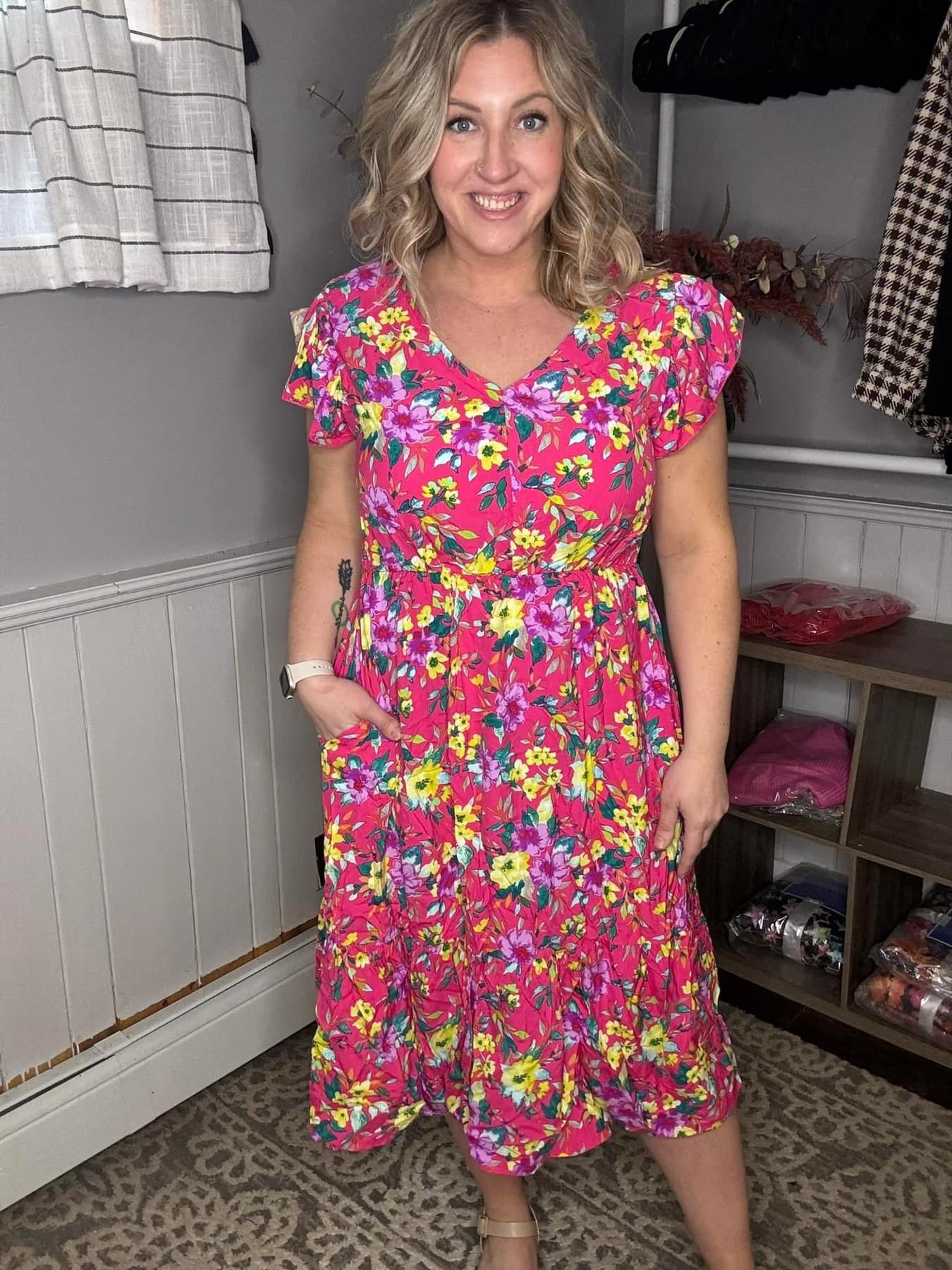 Fuchsia Floral Print Elastic Waist Ruffle Midi Dress