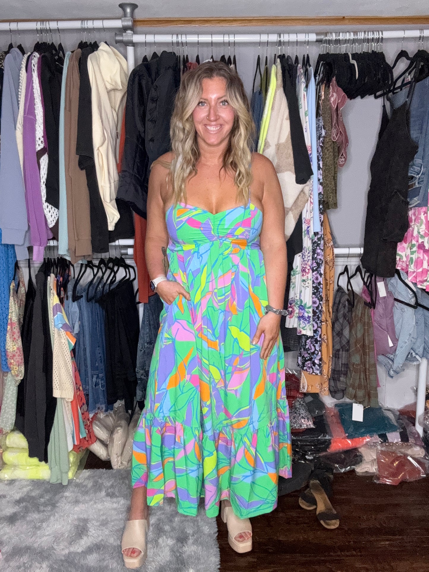 Multicolor Leaf Print Tie Back Maxi Dress