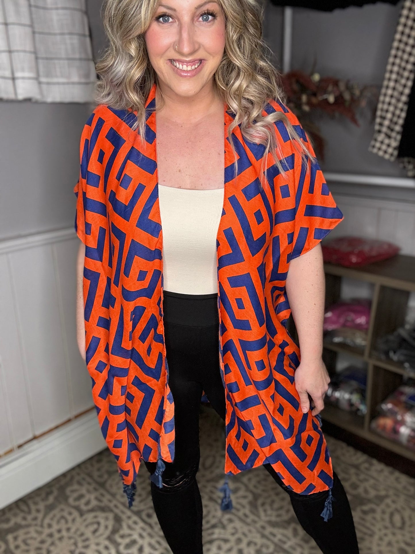 Geometric Print Kimono With Tassel Details