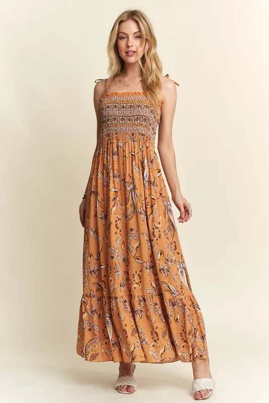 Smocked Printed Square Neck Tie Shoulder Cami Dress
