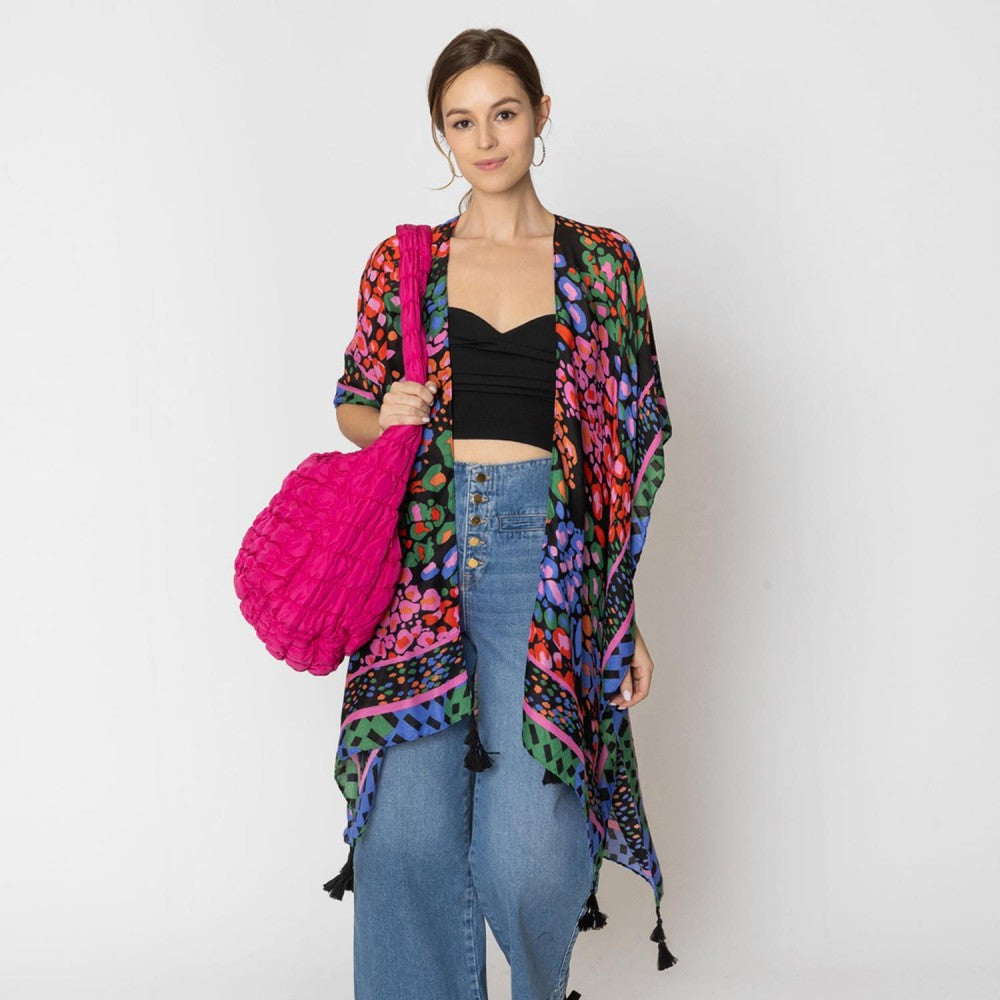 Multi Color Abstract Leopard Print Kimono With Tassel Details