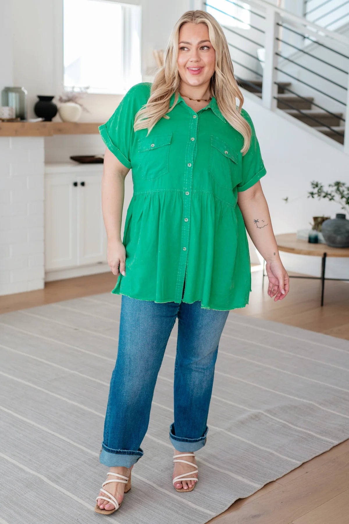 WORKING IN THE GARDEN BUTTON UP PEPLUM BLOUSE