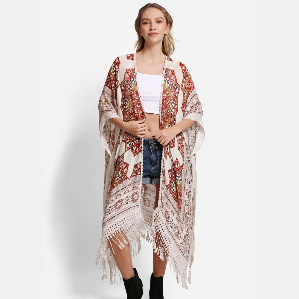 Mandala Print Kimono With Lace Flower Eyelet Back & Tassel Details