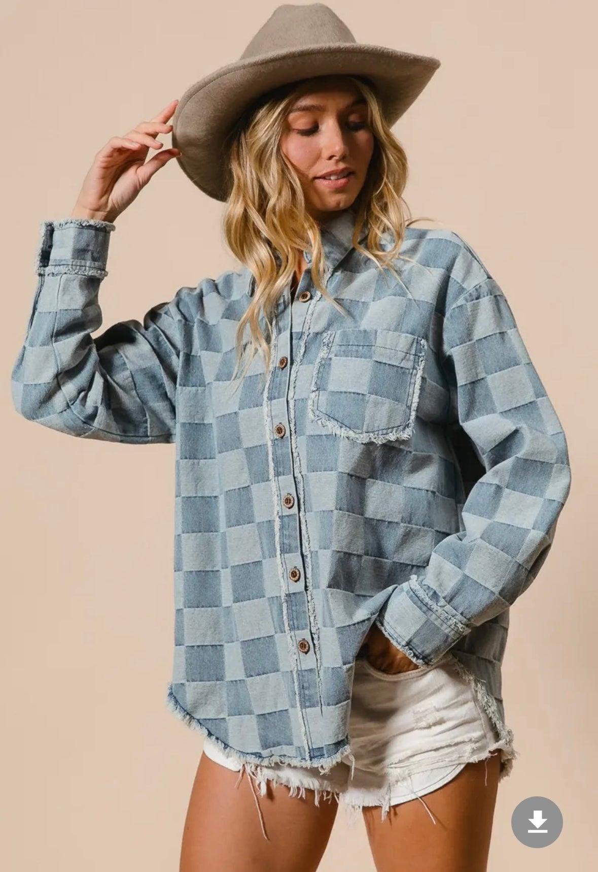 Frayed Edge Detail Washed Checker Denim Shirt