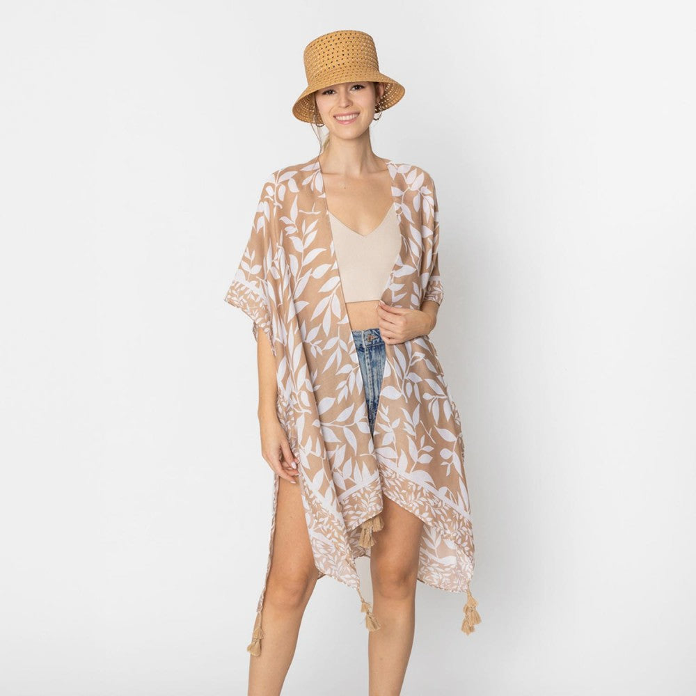 Leaf Printed Kimono With Tassel Details