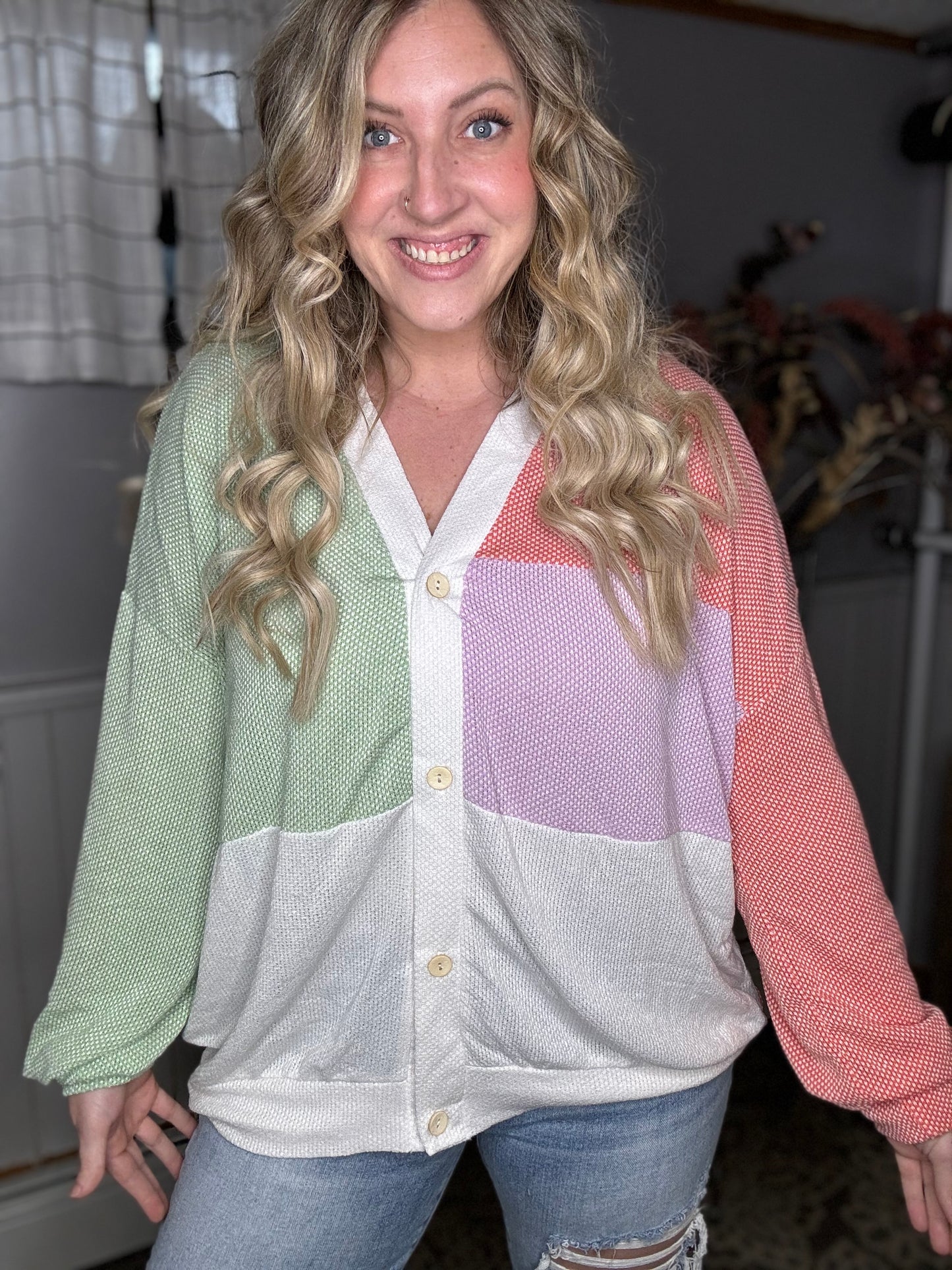 Cozy Up Coral & Sage Two Tone Jacquard Knit Color Block Cardigan