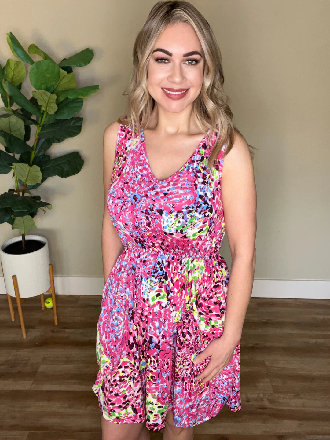 SLEEVELESS TIE BACK DRESS WITH POCKETS IN NEON MULTICOLORS