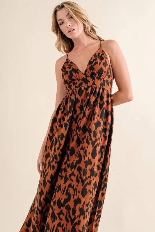 Leopard Print Plunge MIDI Dress