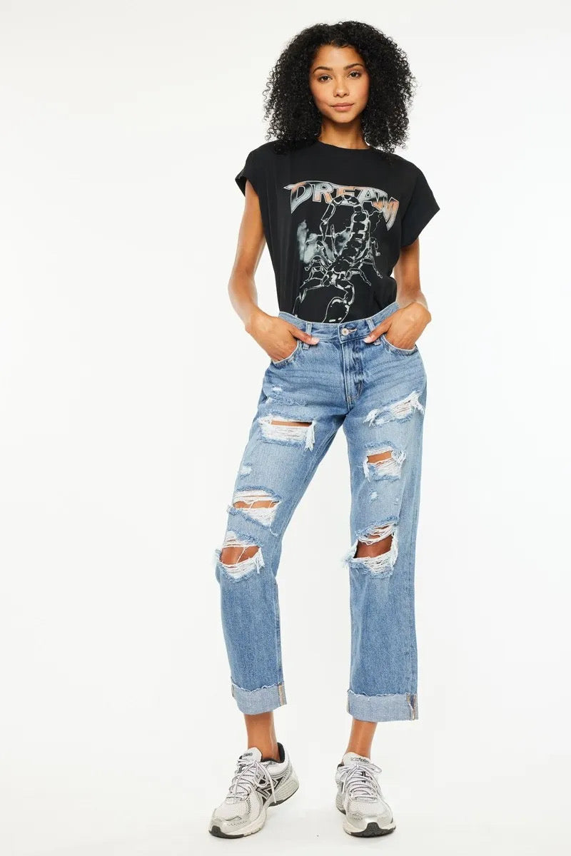 Kancan Boyfriend Heavy Distressed Denim