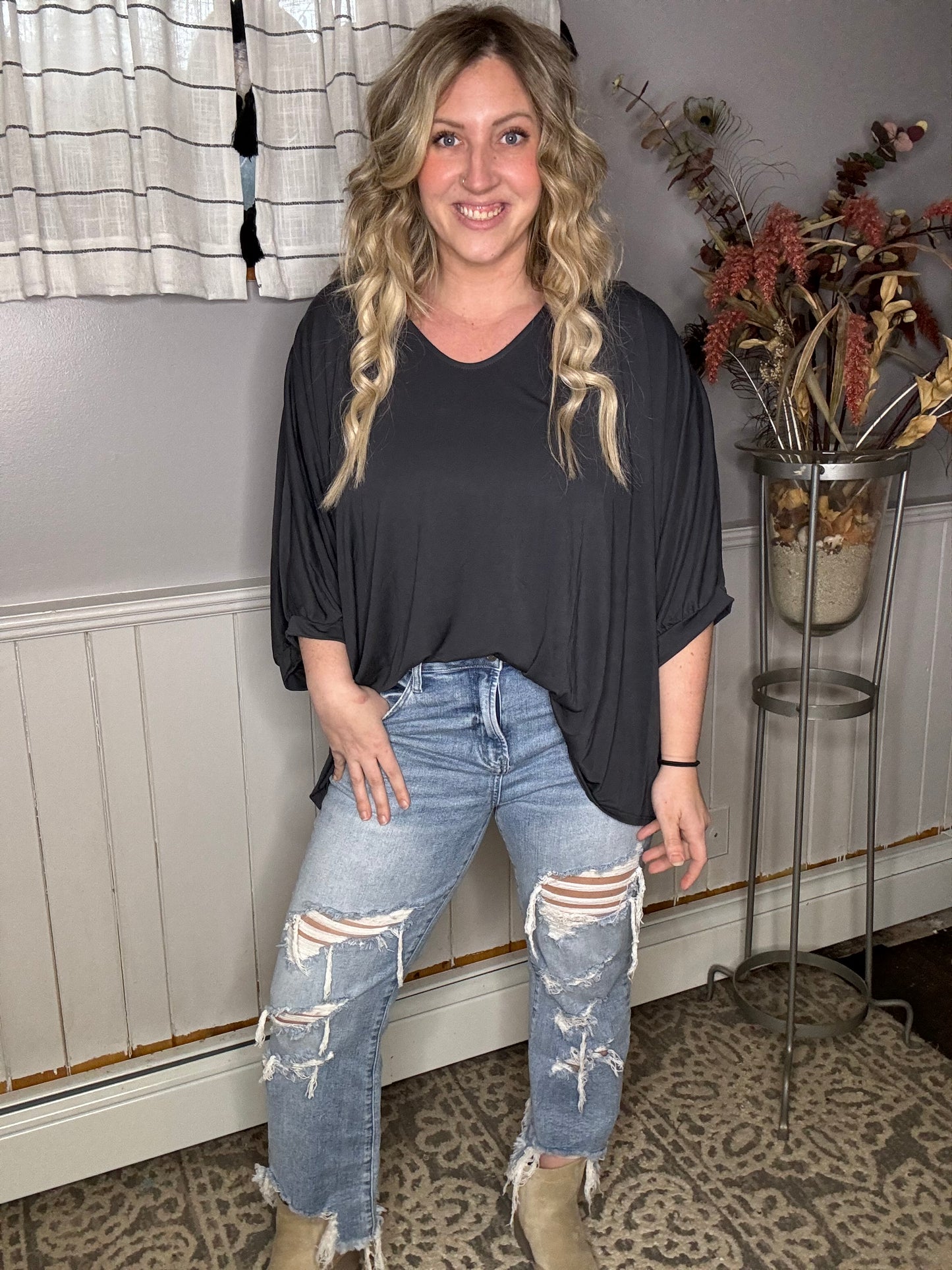 Call On Me Charcoal Dolman Modal Knit Top