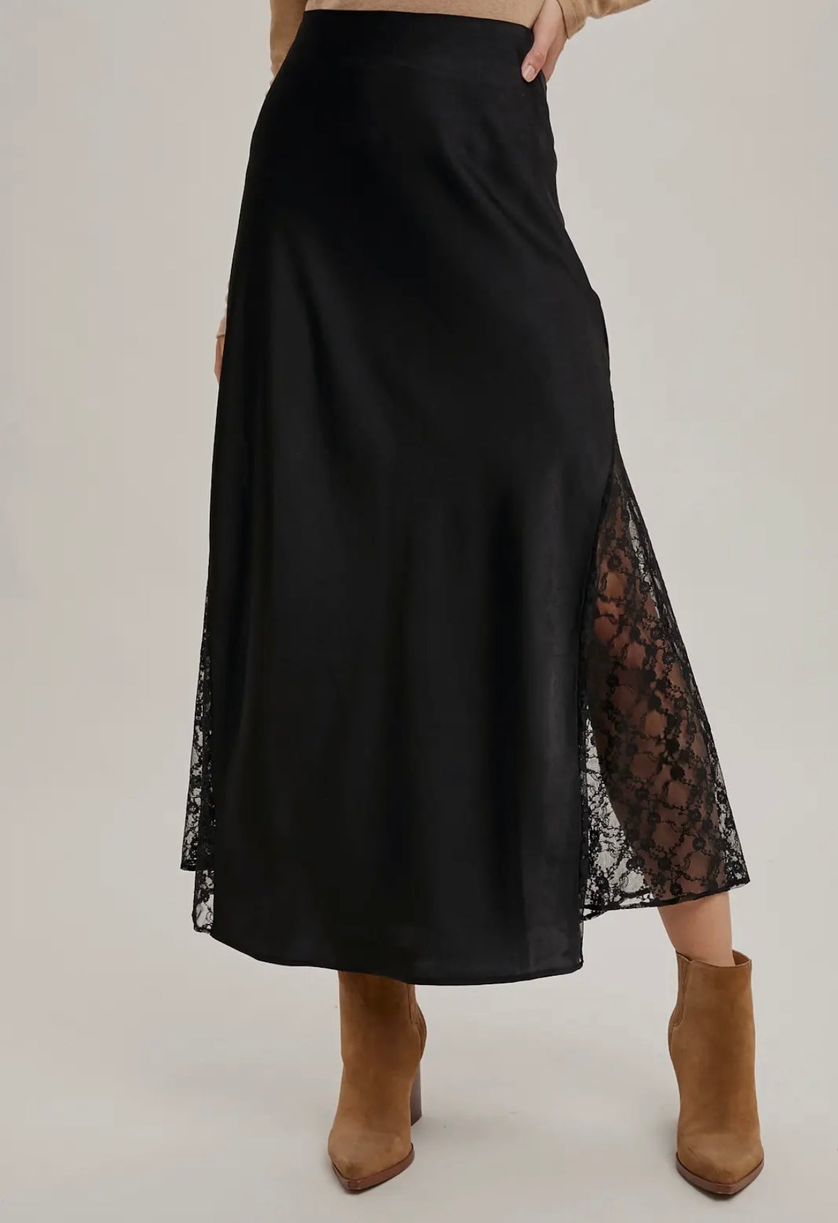 Lace Trim Satin Midi Skirt