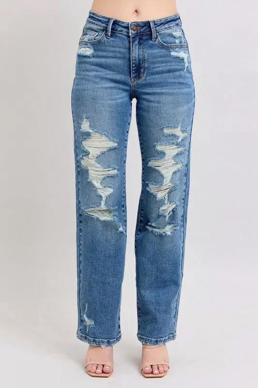Judy Blue High Waist Heavy Distressing Straight Jeans