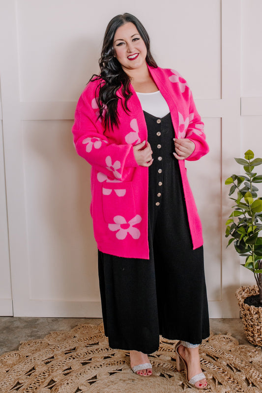 1.10 Open Front Knit Cardigan With Pockets In Hot Pink Florals