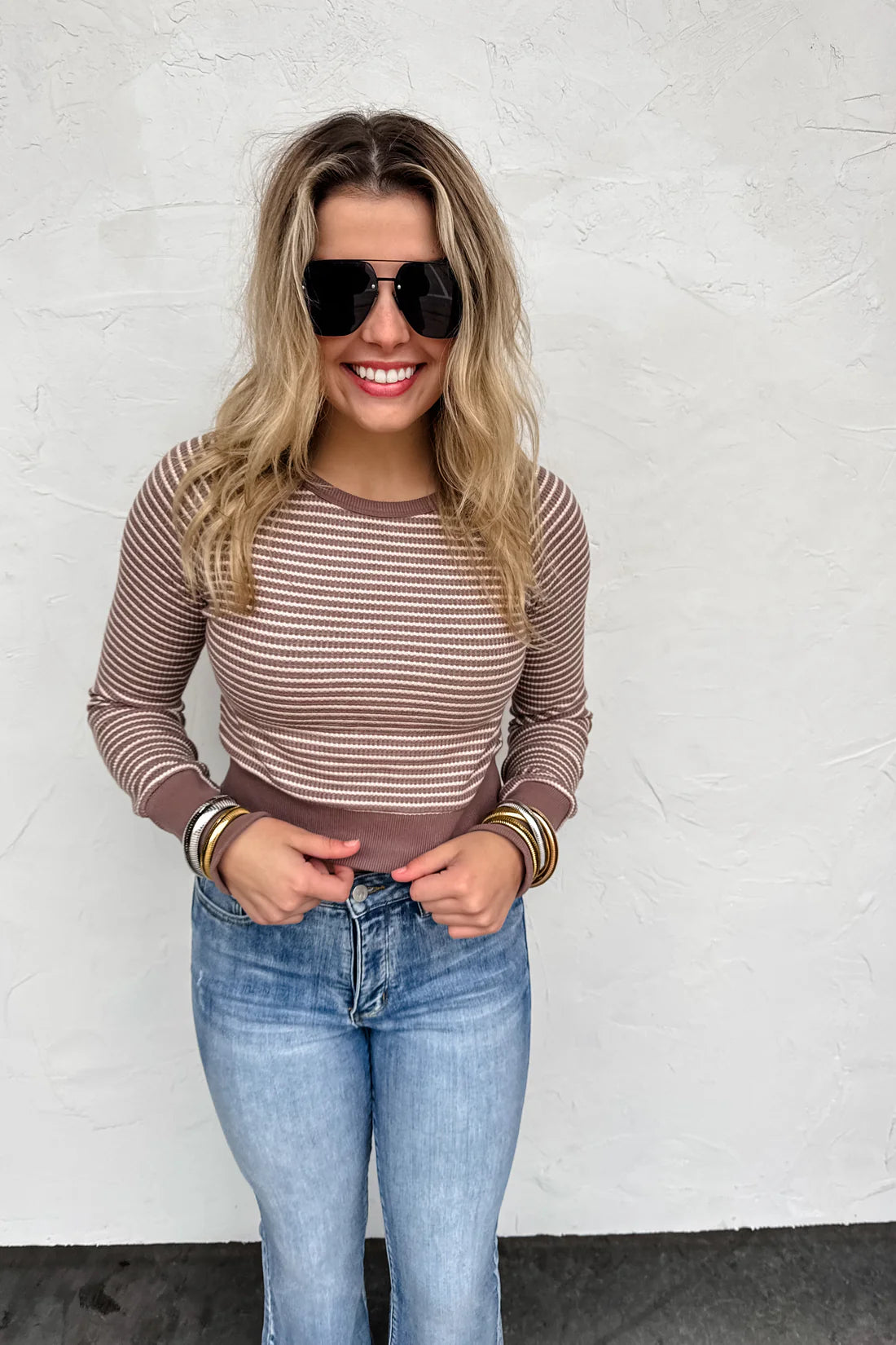 RAYNAA WAFFLE STRIPE TOP
