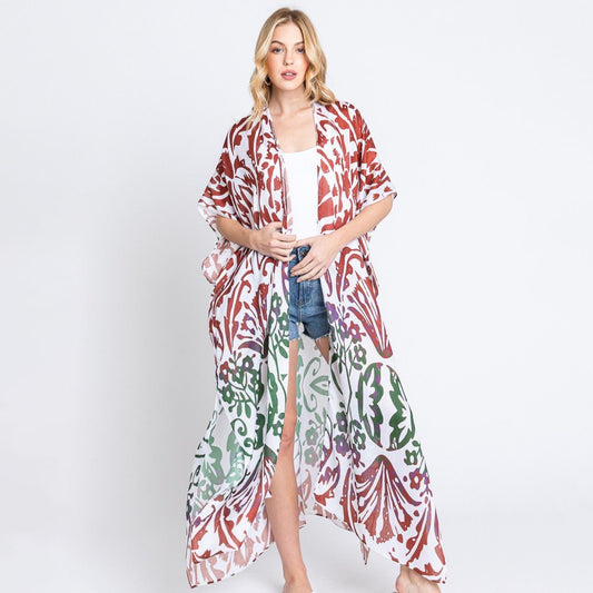 Damask Print Long Kimono