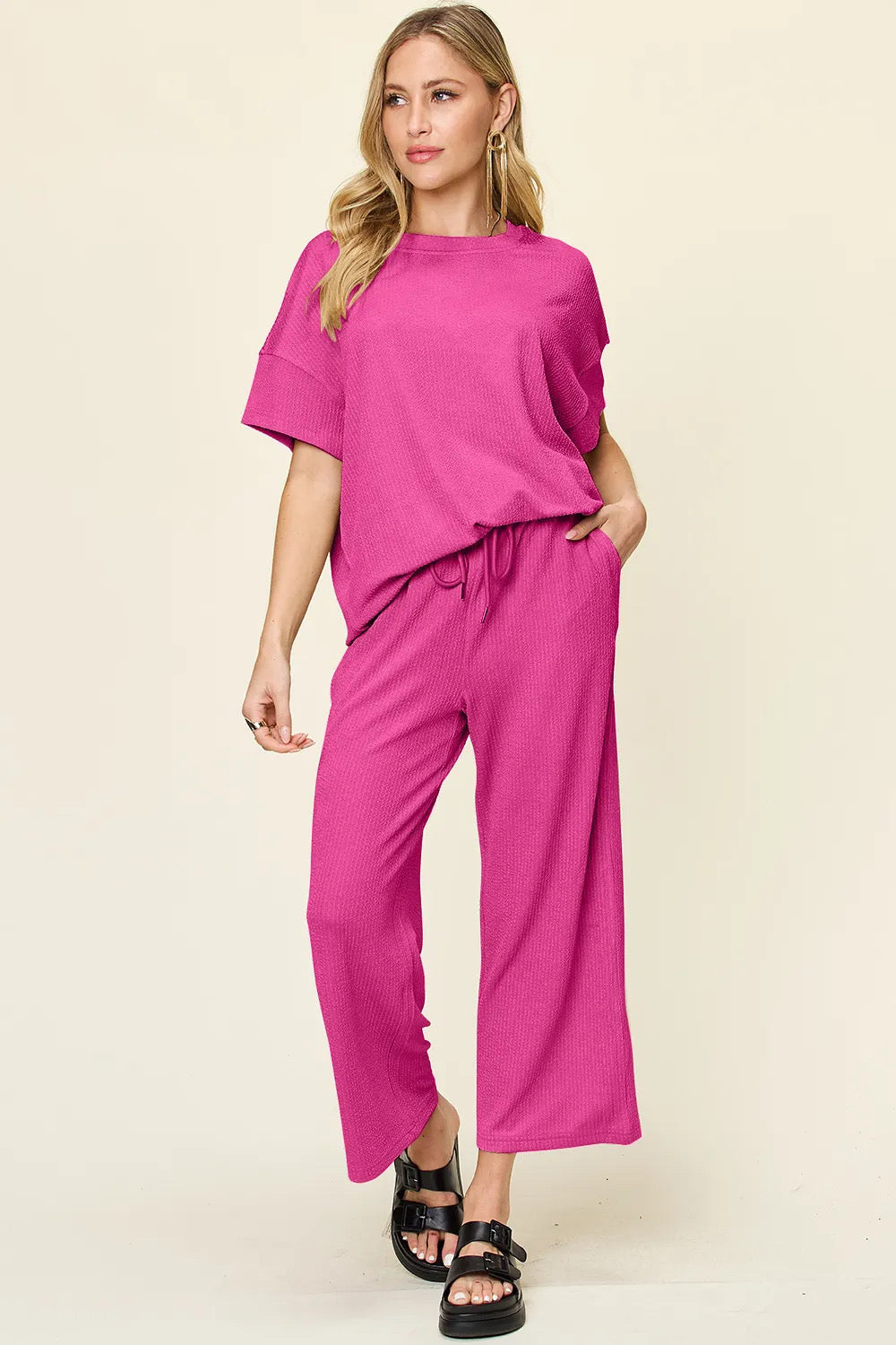 Texture Round Neck Short Sleeve T-Shirt and Wide Leg Pants