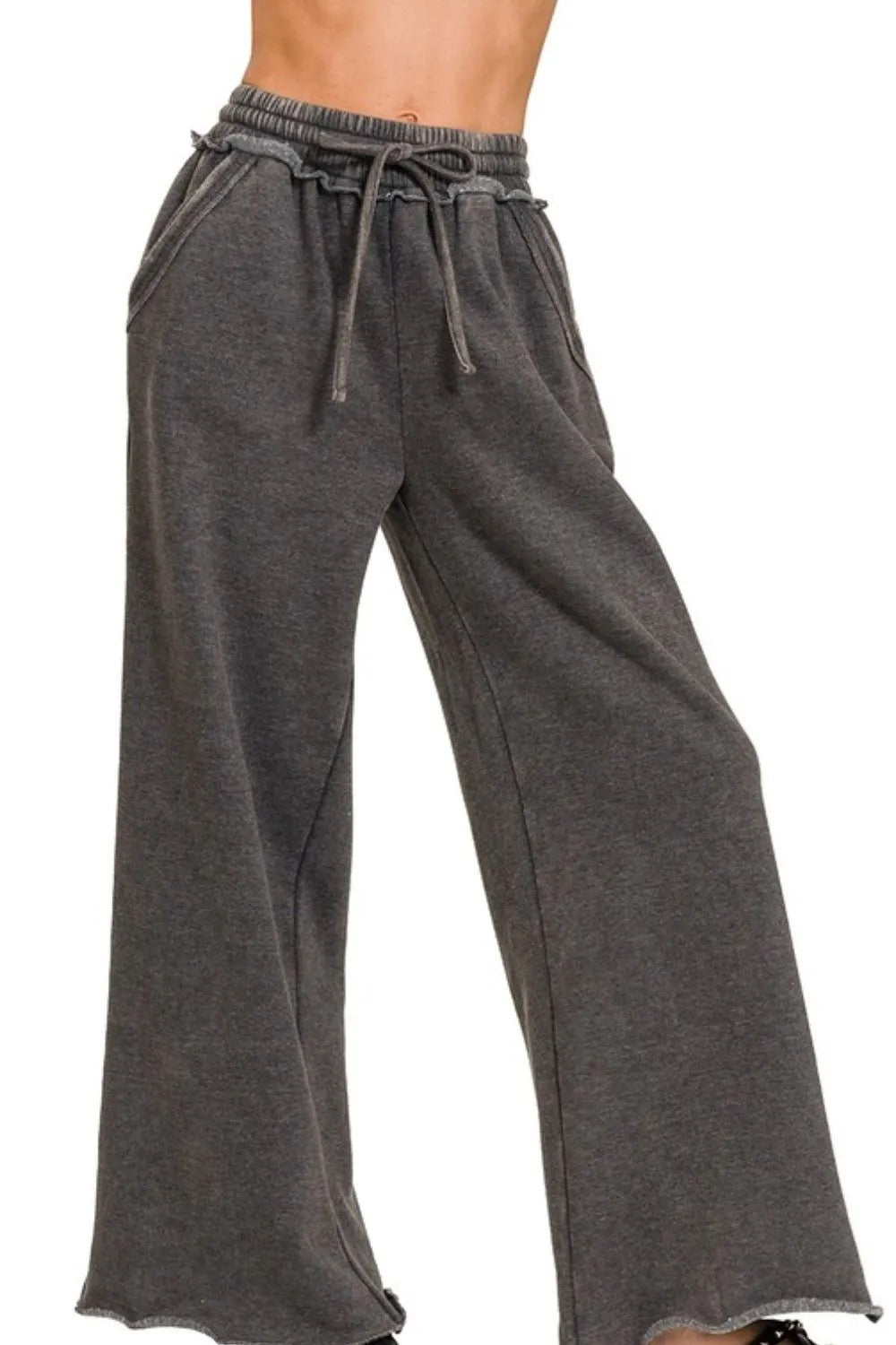 Mineral Wash Fleece Palazzo Sweatpants with Pockets
