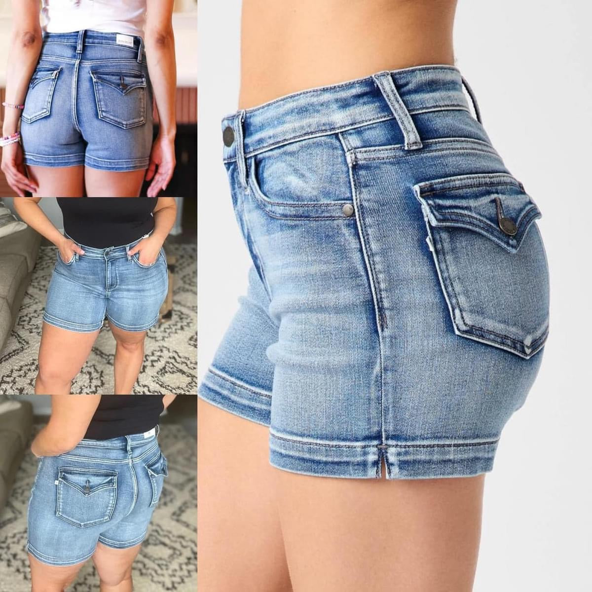 Medium Blue Mid-Rise Button Flap Back Pocket Denim Shorts