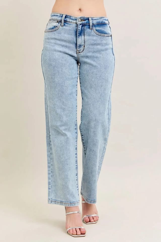 High Rise Stone Wash Straight Fit
