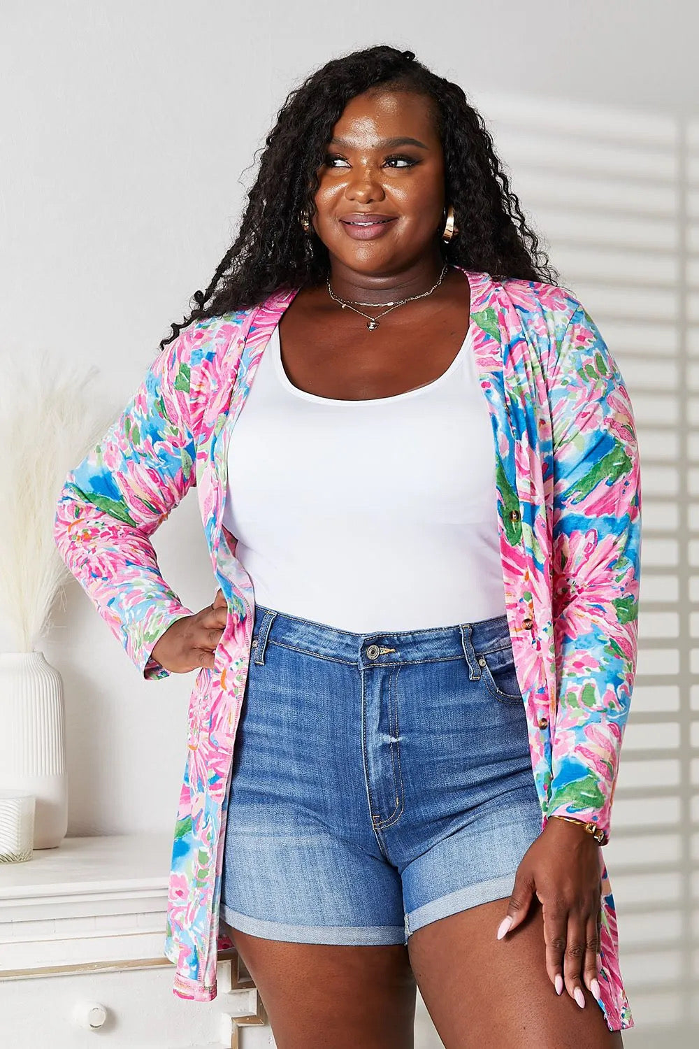 Pink/Blue Floral Button Up Cardigan
