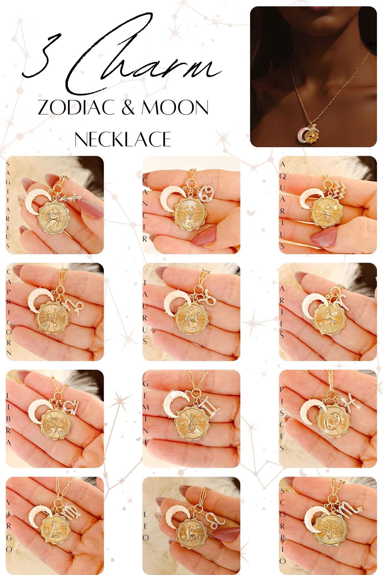Zodiac Necklace - 3 Charm & Moon