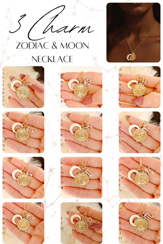 Zodiac Necklace - 3 Charm & Moon