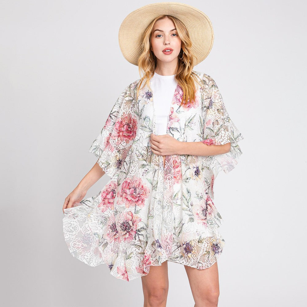 Ruffle Lined Print Open Front Crochet Cover Up