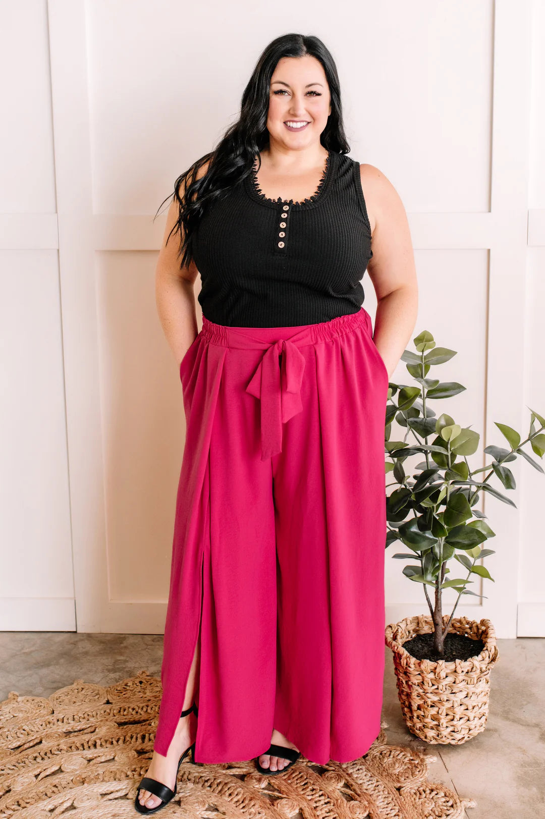 SOFT, FLOWY OPEN LEG SLIT PANTS IN BRIGHT PINK