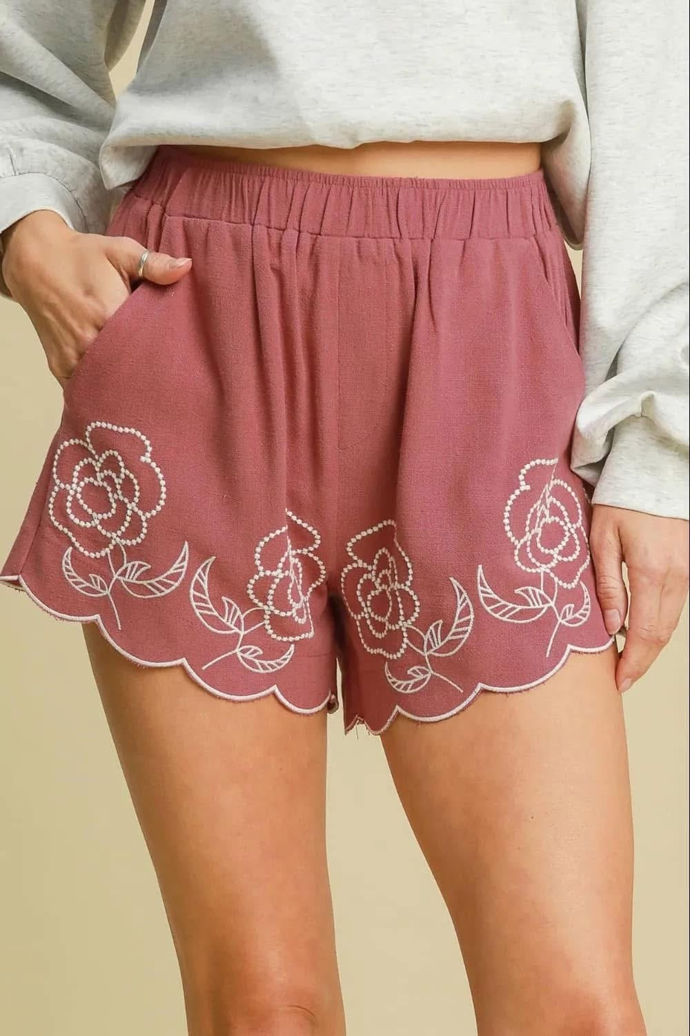 Linen Blend Shorts with Floral Embroidered Details Plus Size