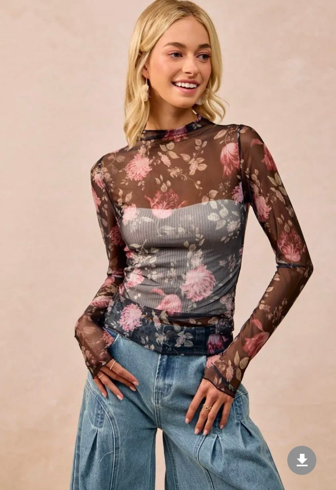 Fall Floral Mesh Top w/ Thumbholes