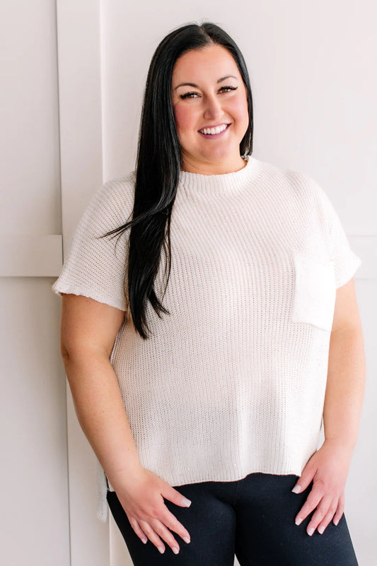 SEQUIN DETAILED SHORT SLEEVE SWEATER IN OFF WHITE