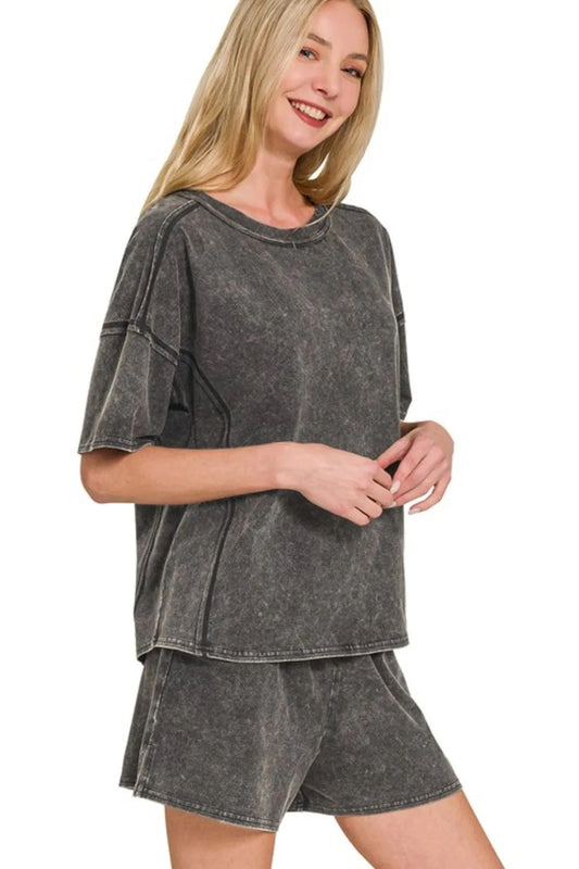 Acid Washed Short Sleeve Tee & Shorts Set