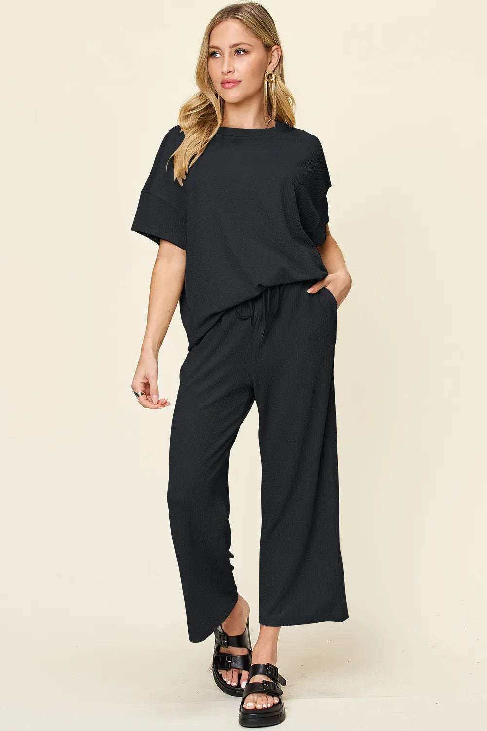 Texture Round Neck Short Sleeve T-Shirt and Wide Leg Pants