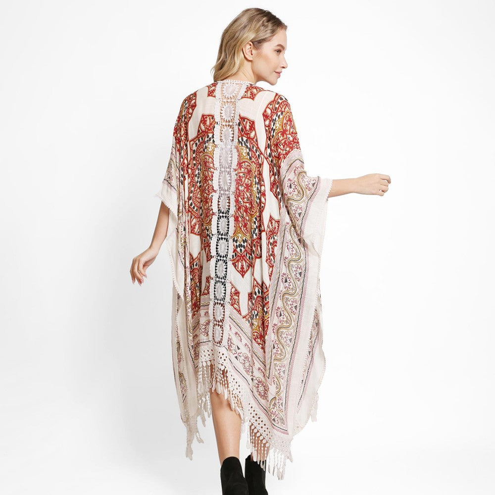 Mandala Print Kimono With Lace Flower Eyelet Back & Tassel Details