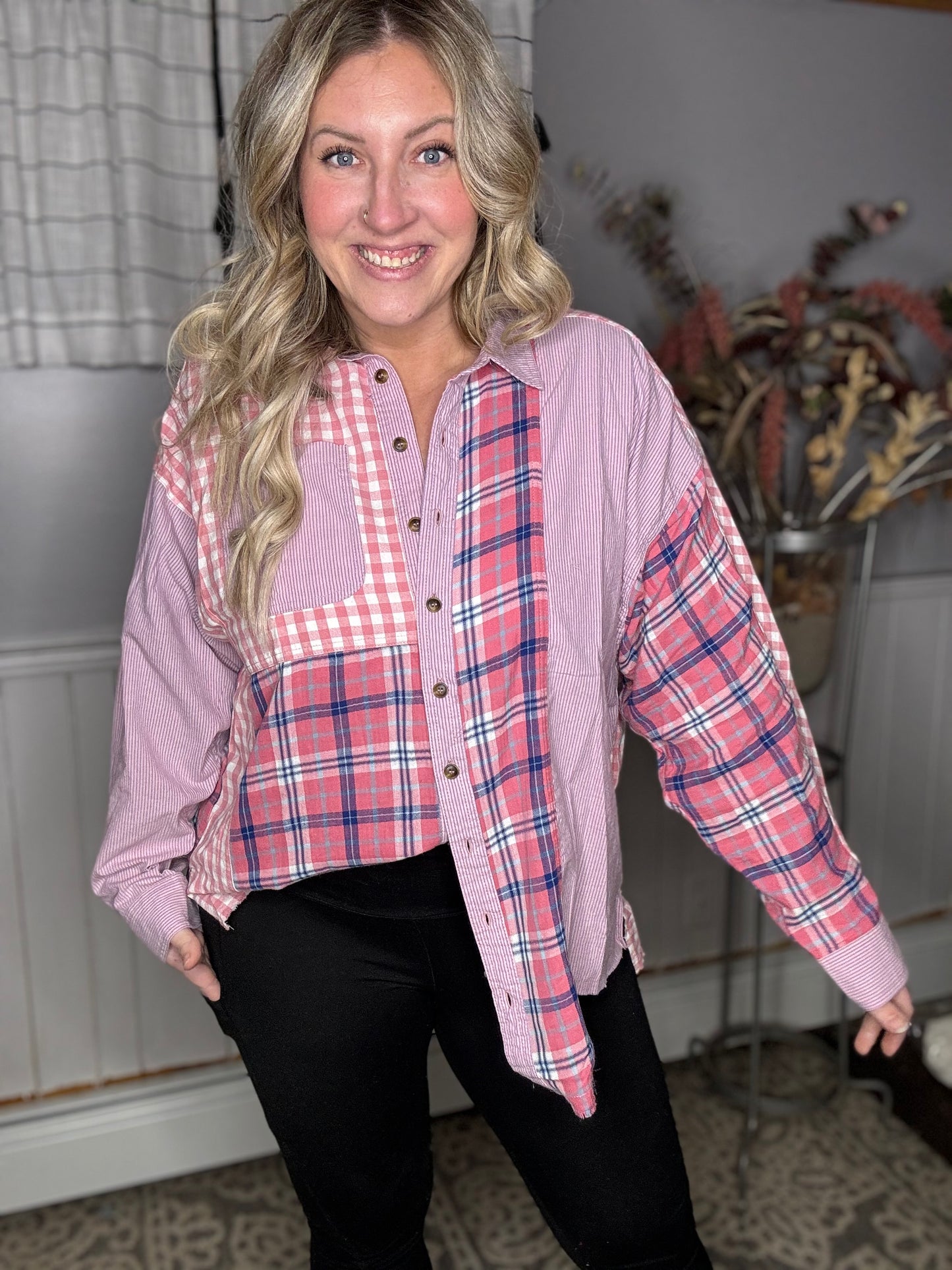 Everyday Bliss Pink & Navy Plaid Color Block Button Down Top
