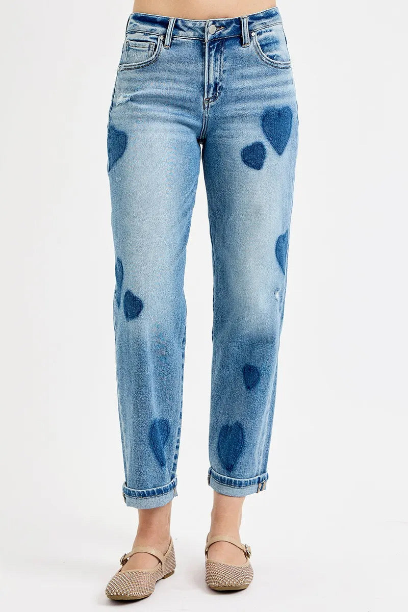 RISEN Mid Rise Fit-boyfriend Heart Shade Jeans