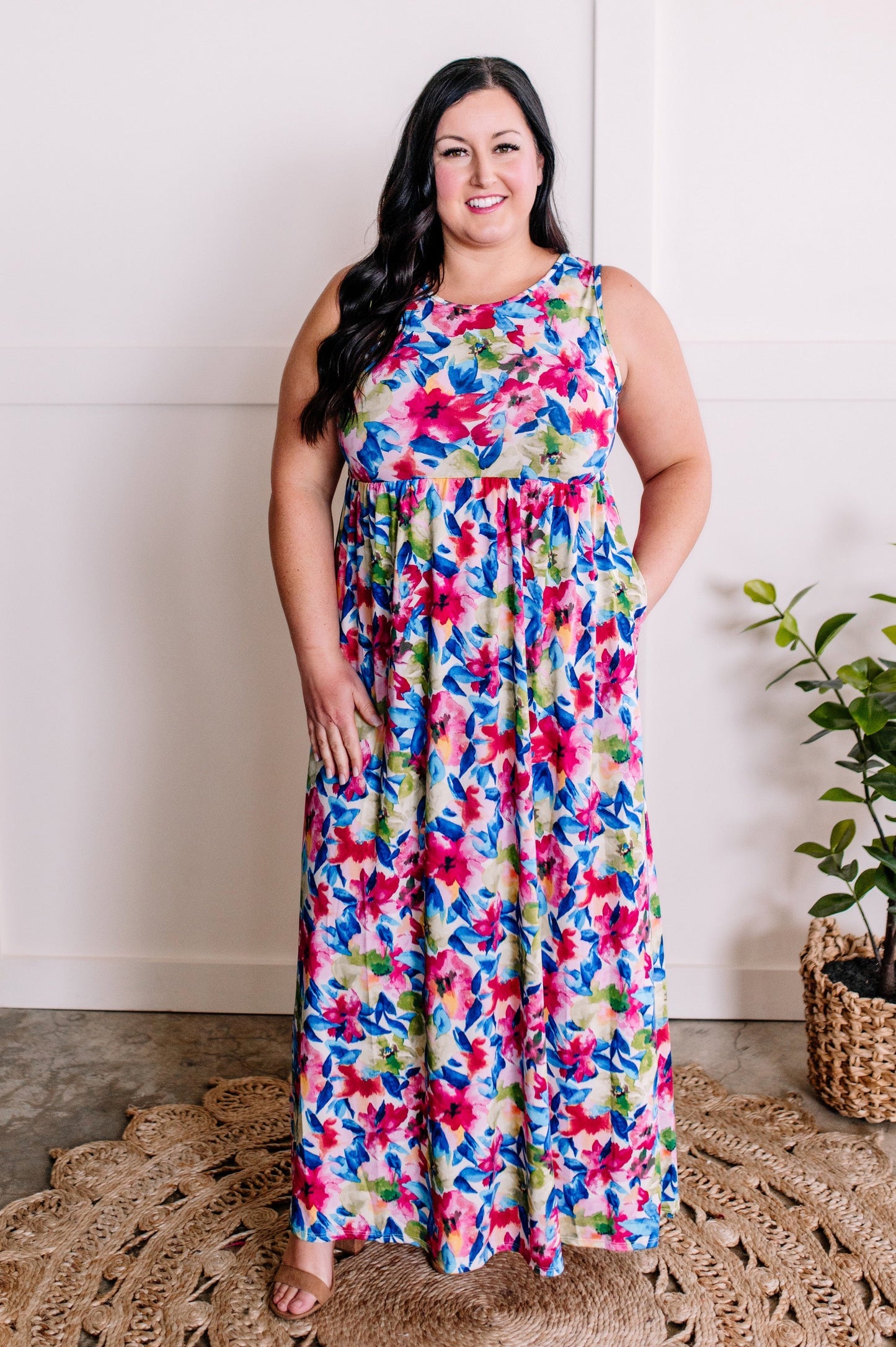 Maxi Dress With Pockets In Bright Neon Floral
