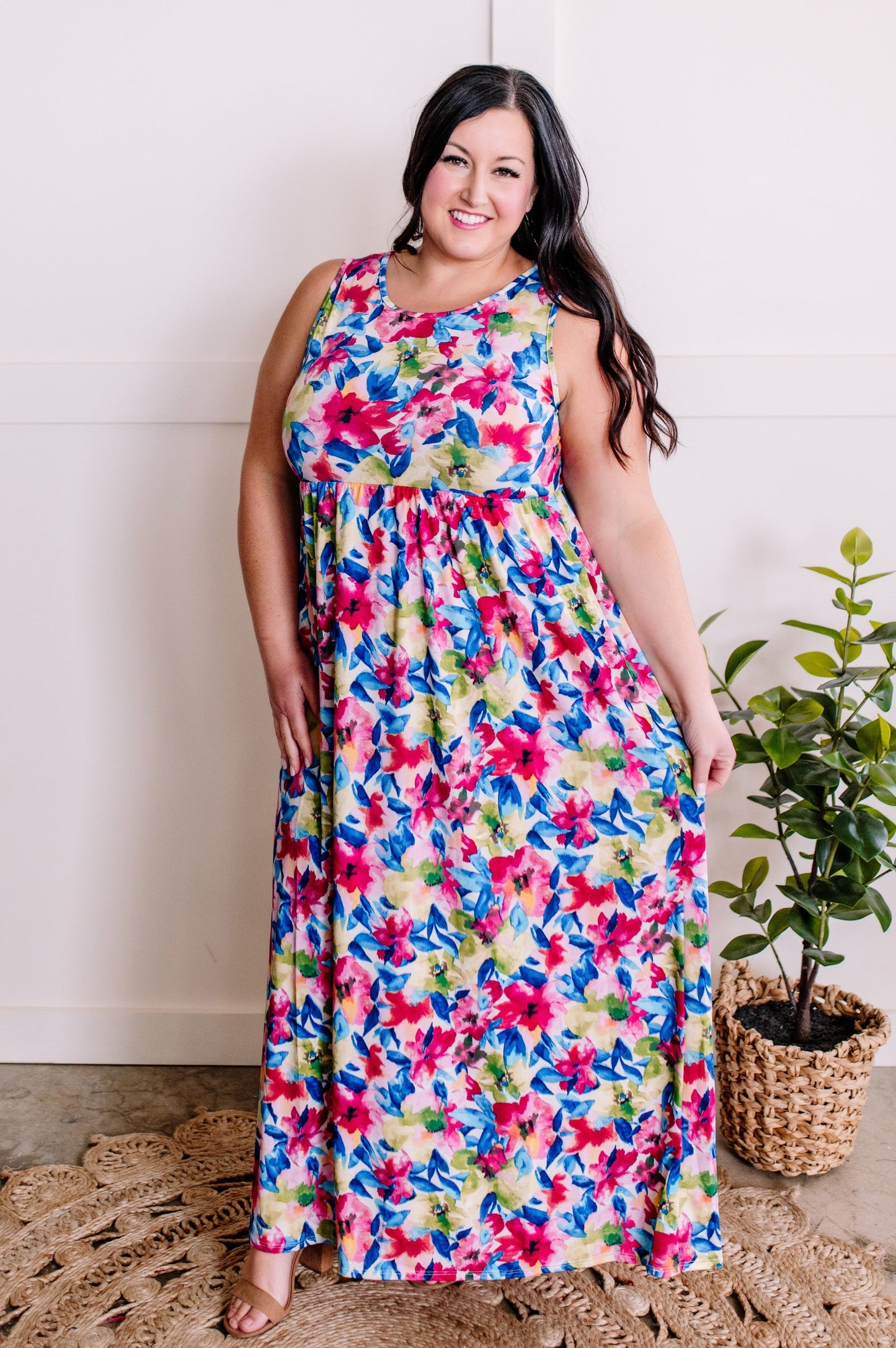 Maxi Dress With Pockets In Bright Neon Floral