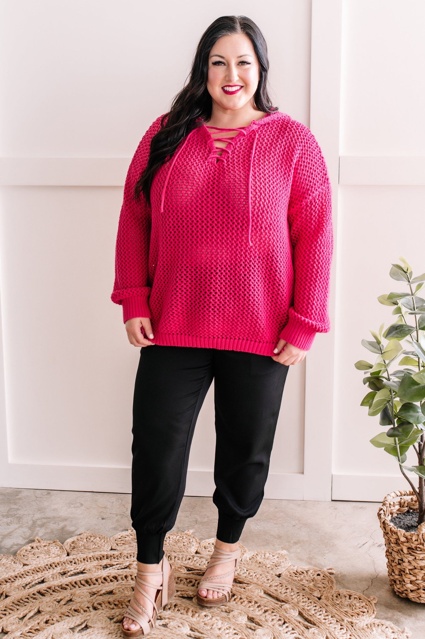 Oversized Crochet Hoodie In French Fuchsia