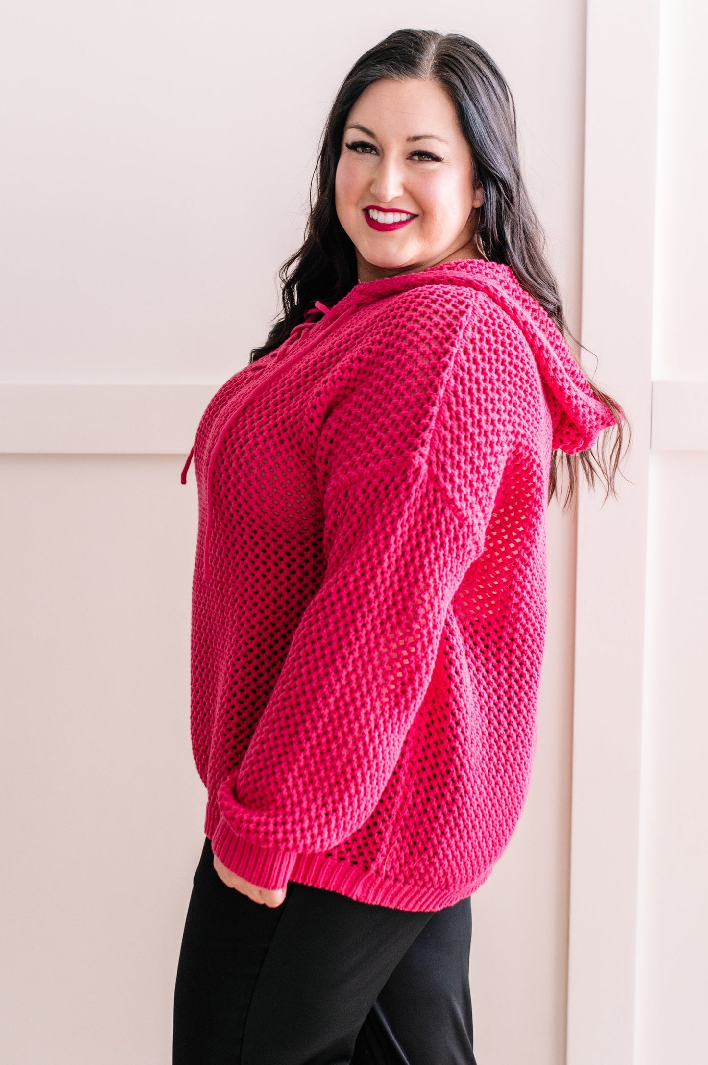 Oversized Crochet Hoodie In French Fuchsia