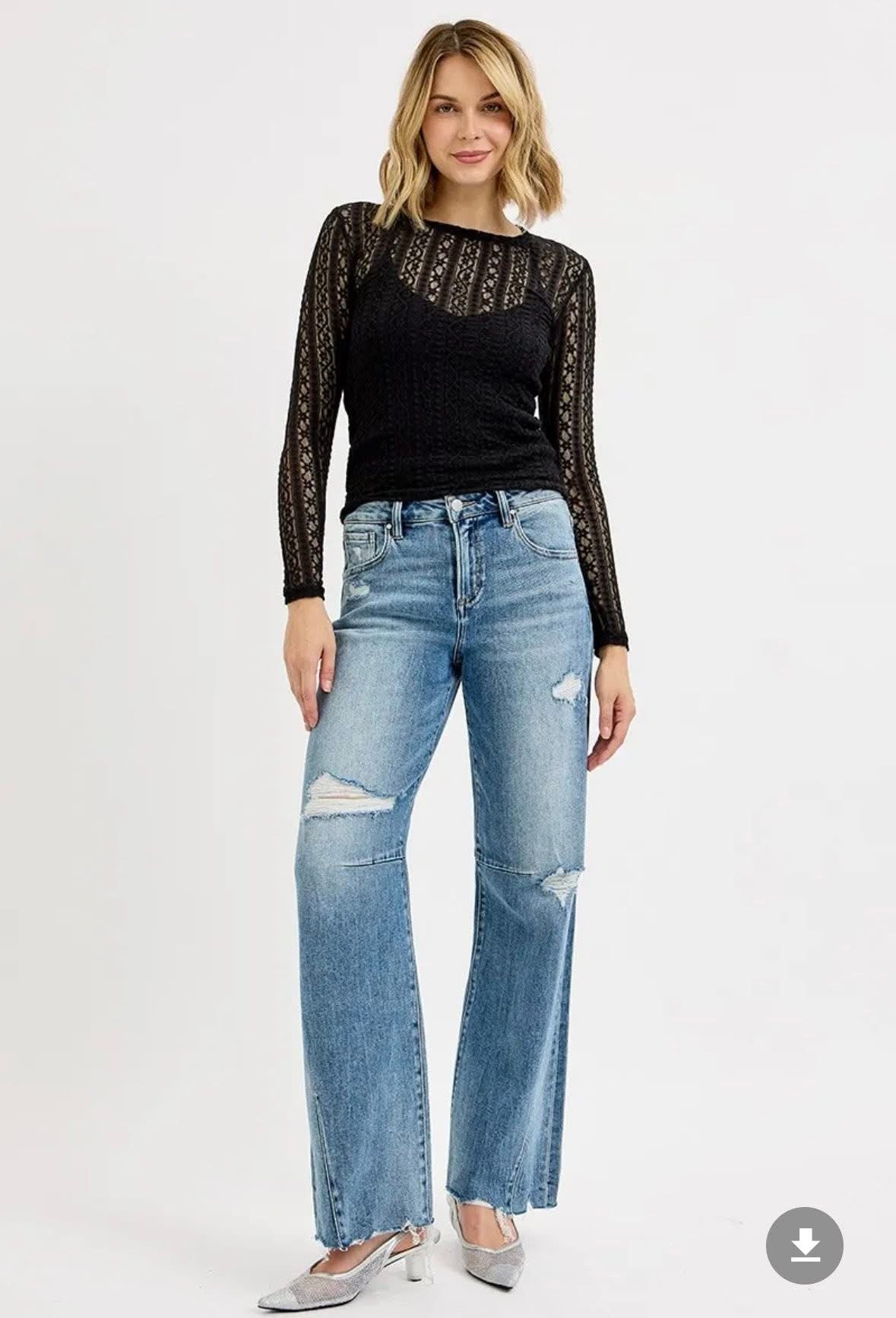 RISEN Mid Rise Fit Wide Baggy Leg Tie Washed Jeans