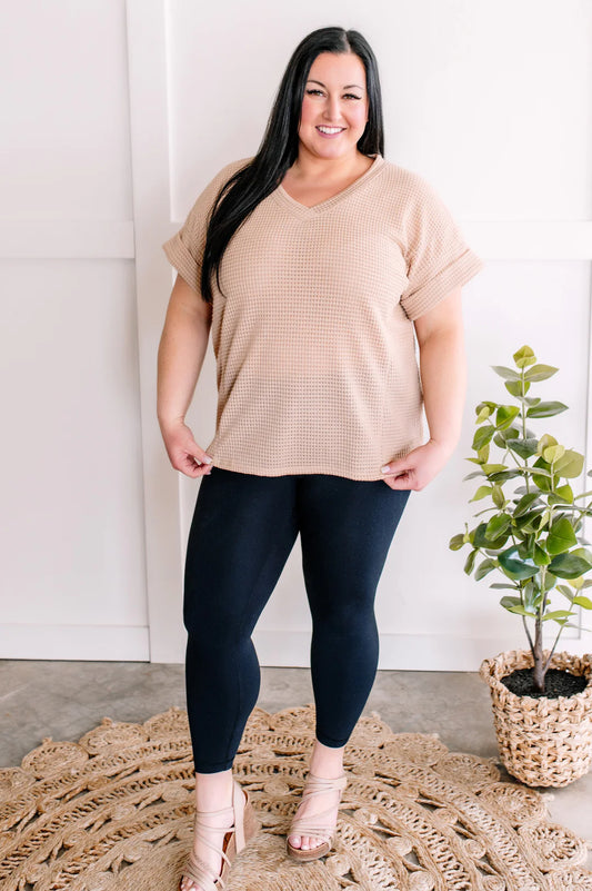 VNECK WAFFLE KNIT TOP IN NUDE