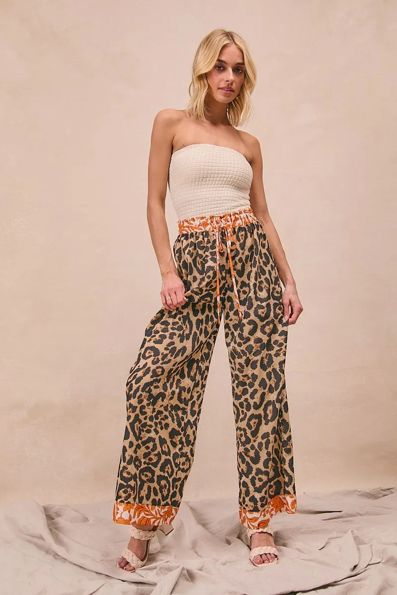 Leopard Print With Contrast Banded Wide Pants