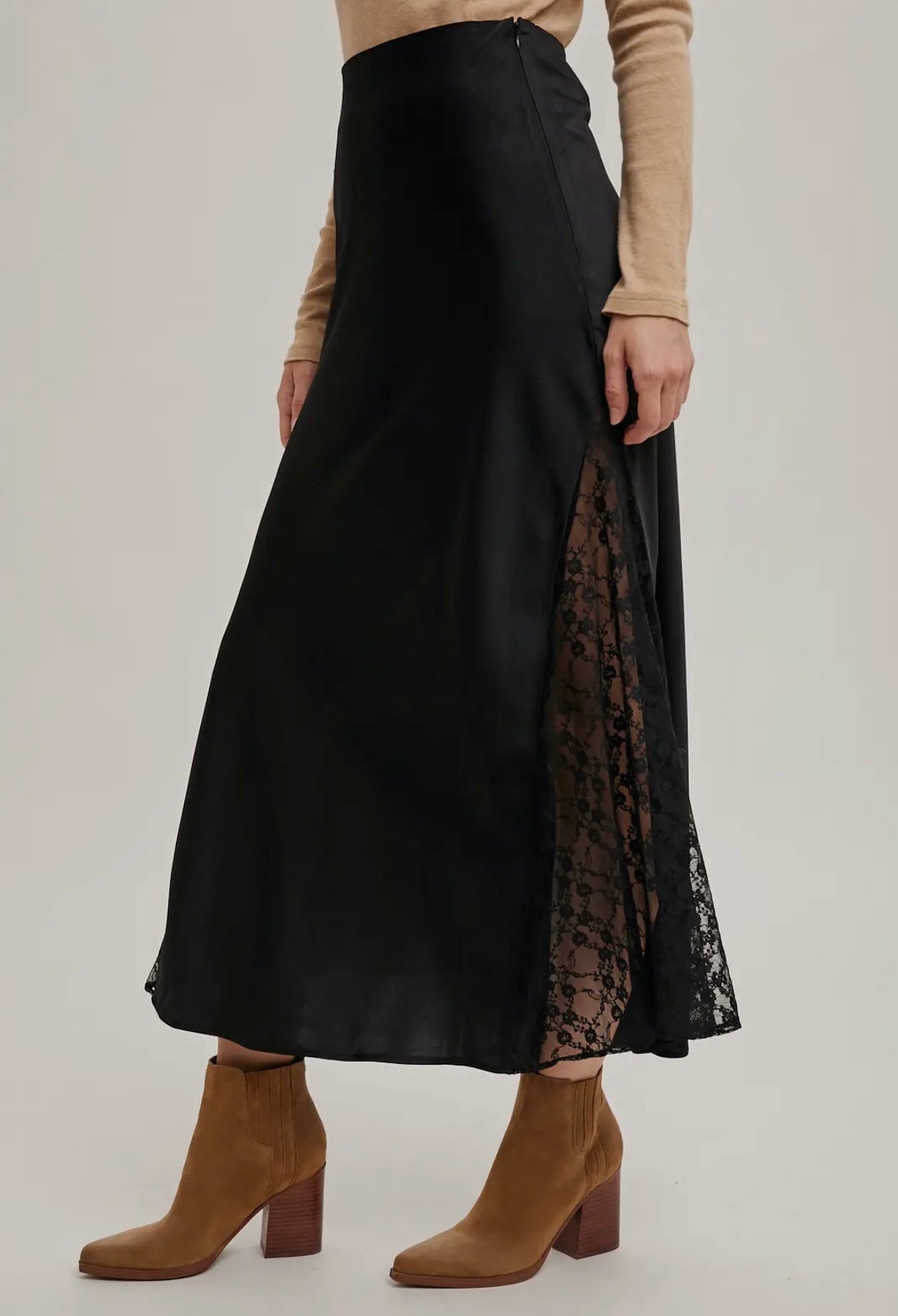 Lace Trim Satin Midi Skirt