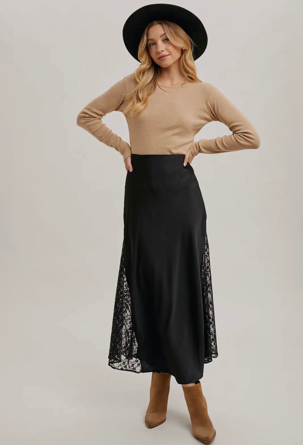 Lace Trim Satin Midi Skirt