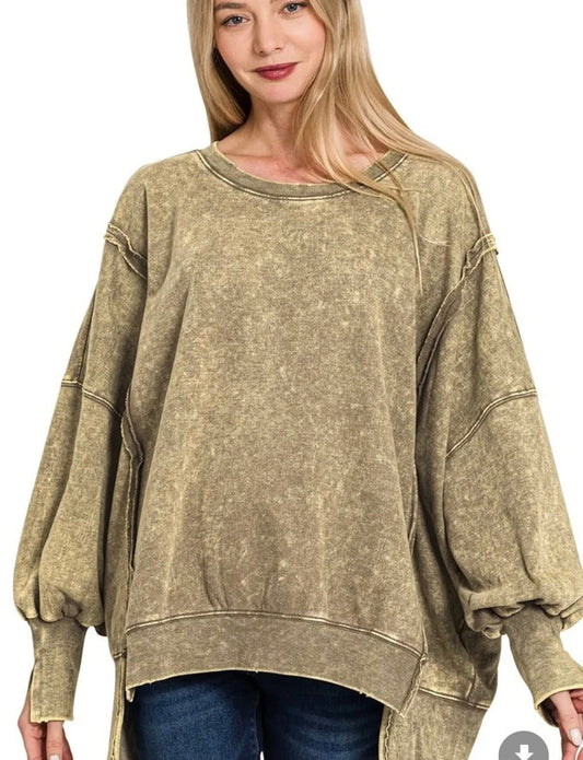 Zenana Acid Wash Exposed-Seam High Low Sweatshirt
