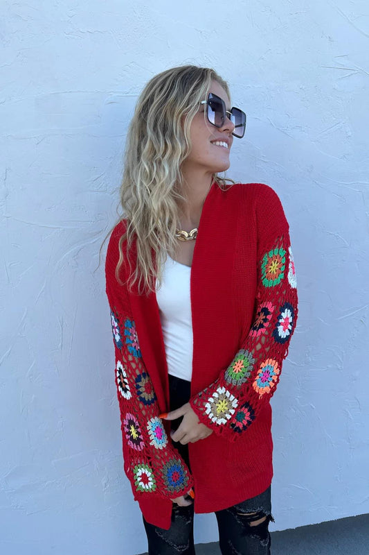 Crochet Sleeve Cardigan - Red