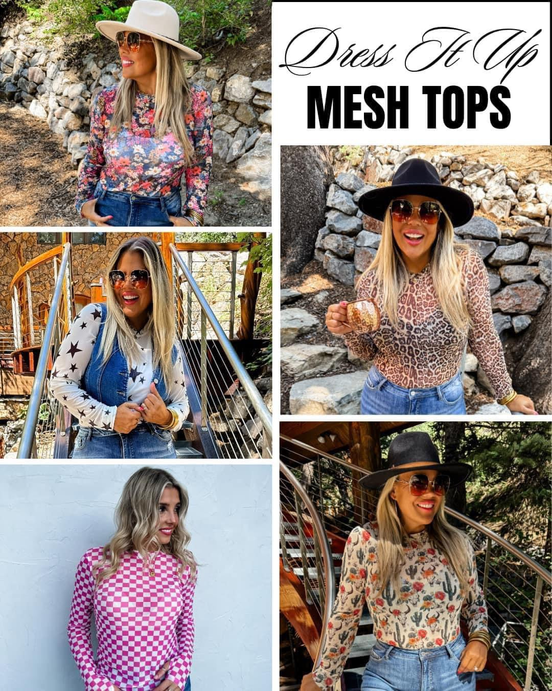 Mesh Printed Sheer Mock Neck