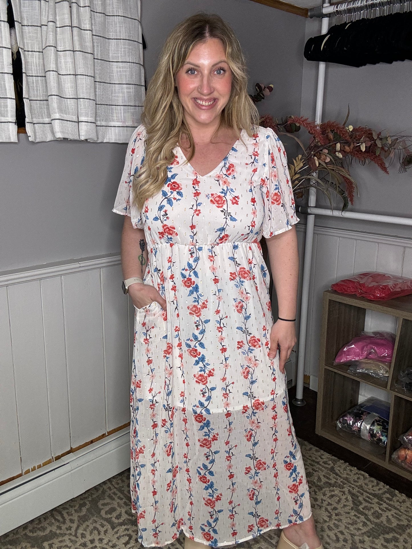 Red/Blue Floral Swiss Dot Chiffon Foil Maxi Dress